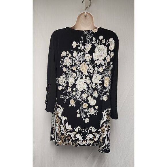 JM Collection Womens Round Neck Floral Tunic Blouse Black & Beige Size Medium - Picture 4 of 6